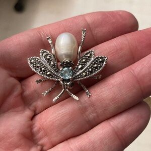 Elegant Silver and Pearl Insect Brooch